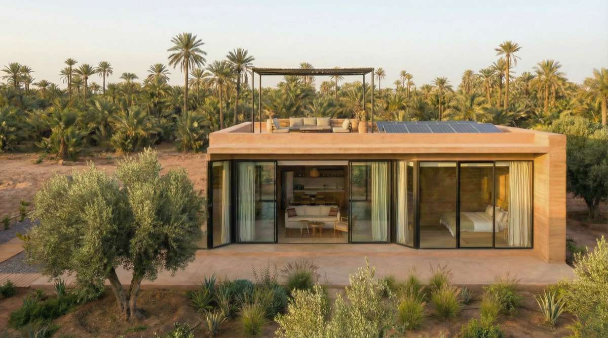 Modern desert villa with solar panels and palm trees