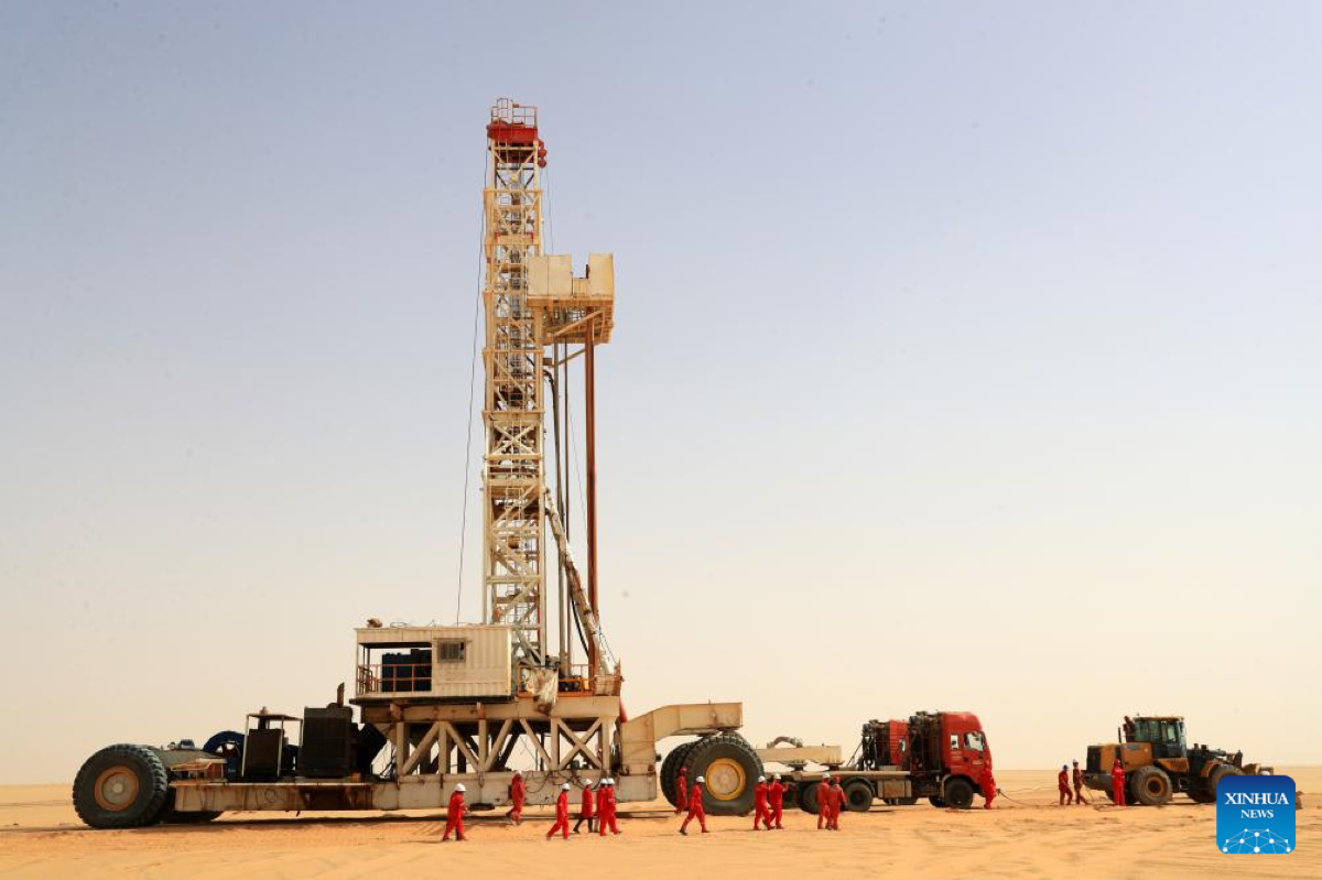 Water well drilling rig in Egypt desert — infrastructure development